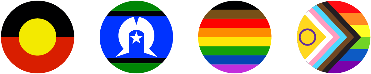 Australian Aboriginal flag, Torres Strait Islander flag, Social Justic Pride flag, Intersex-Inclusive Progress Pride flag